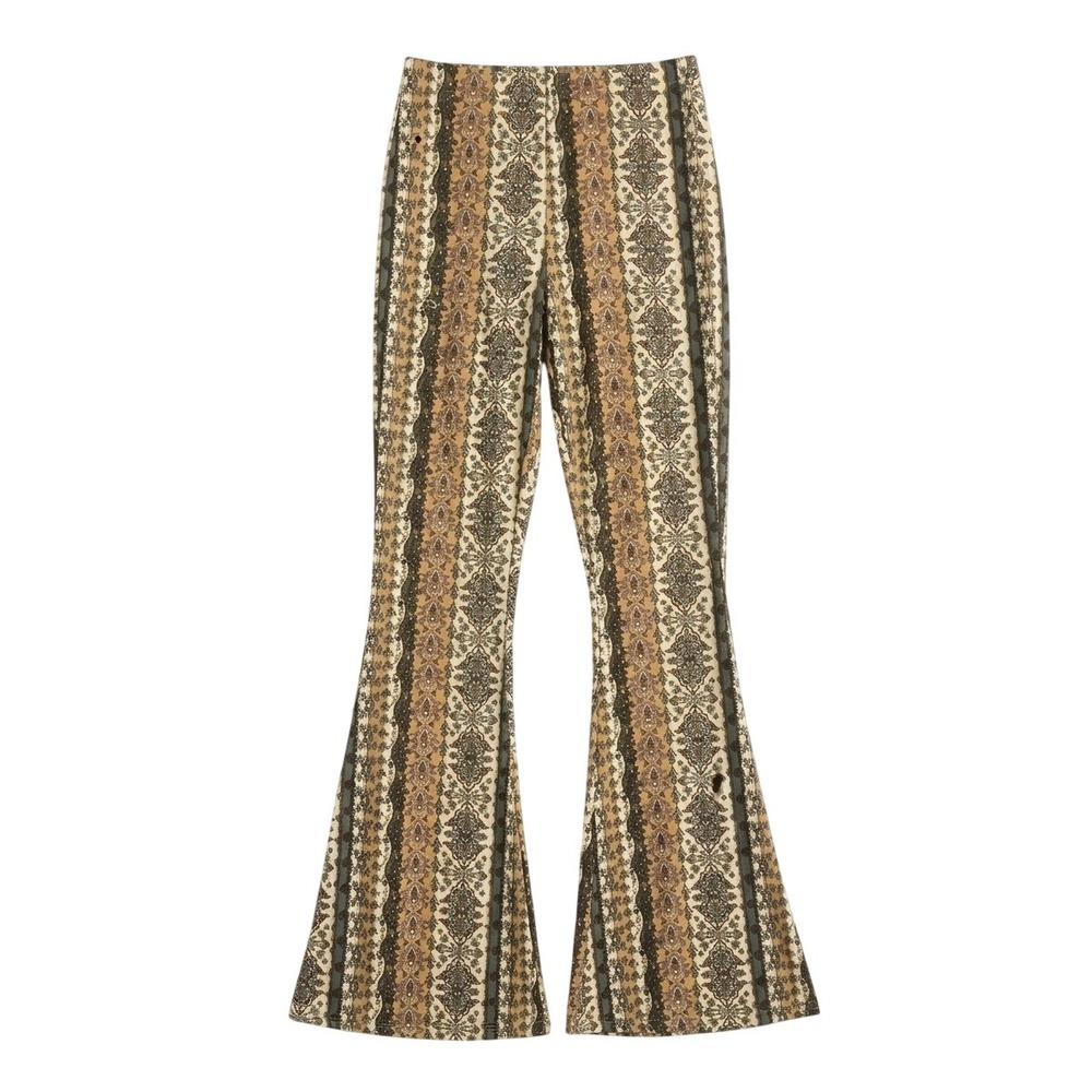 Bear Dance Flare Pants Women Small Brown Boho Tapestry Print Bell Bottoms